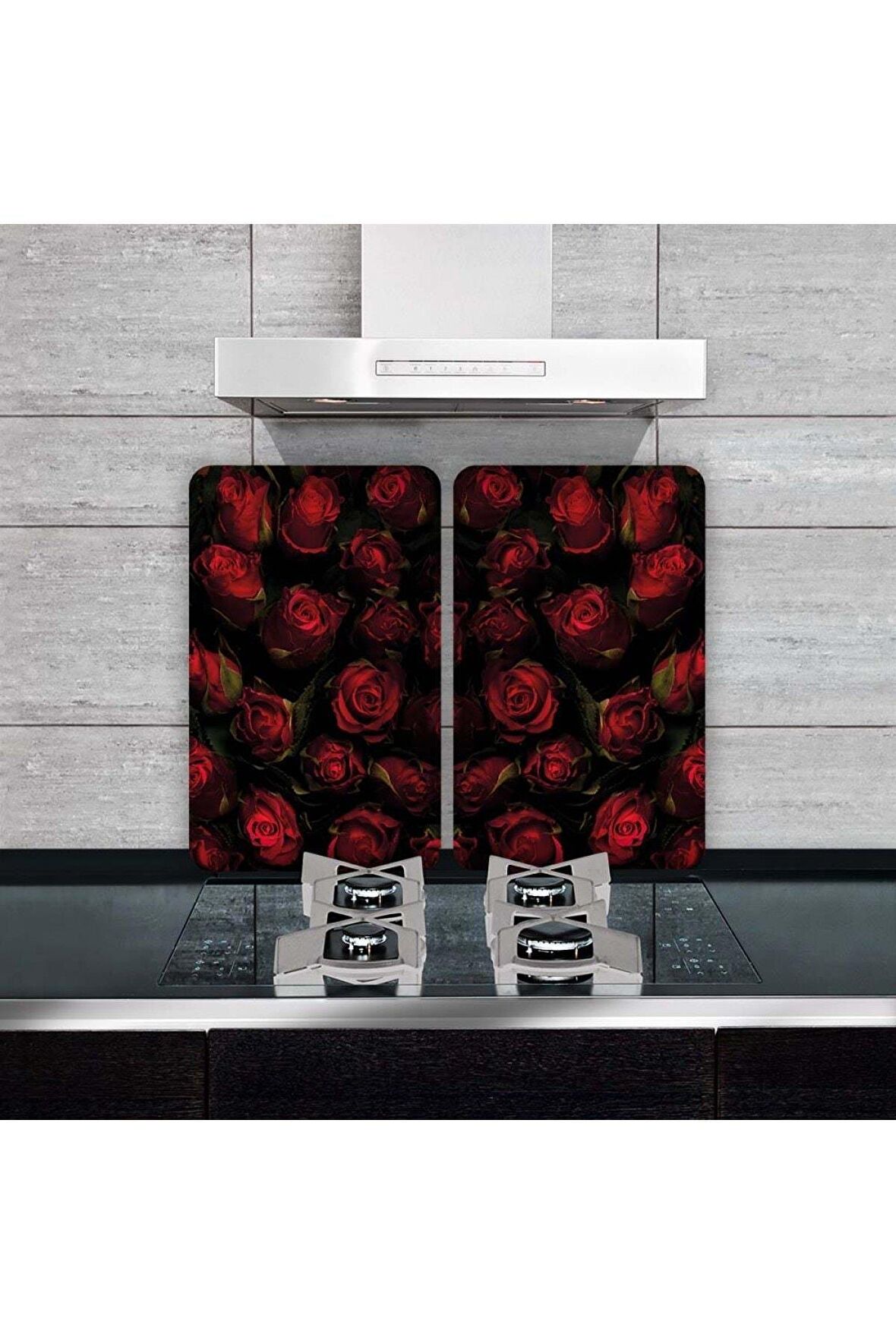 Cam Ocak Koruyucu ve Kesim Tablası Kırmızı Güller (80cm x 52cm) 2 Parça, 5'li Ocaklar